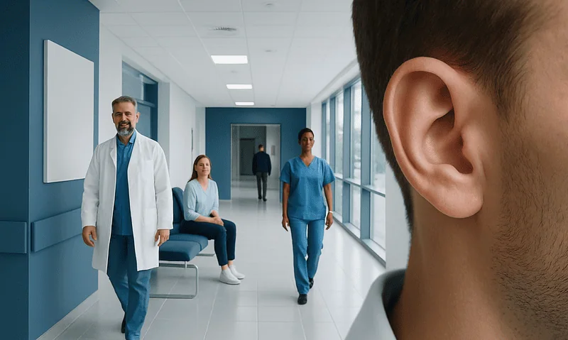 Close-up of a patient's ear in a hospital corridor with medical staff in the background.