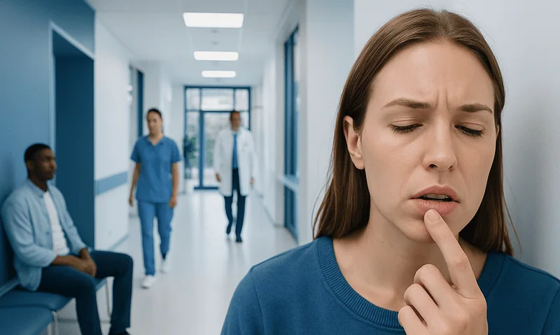 Young woman with a sore throat in a hospital corridor.