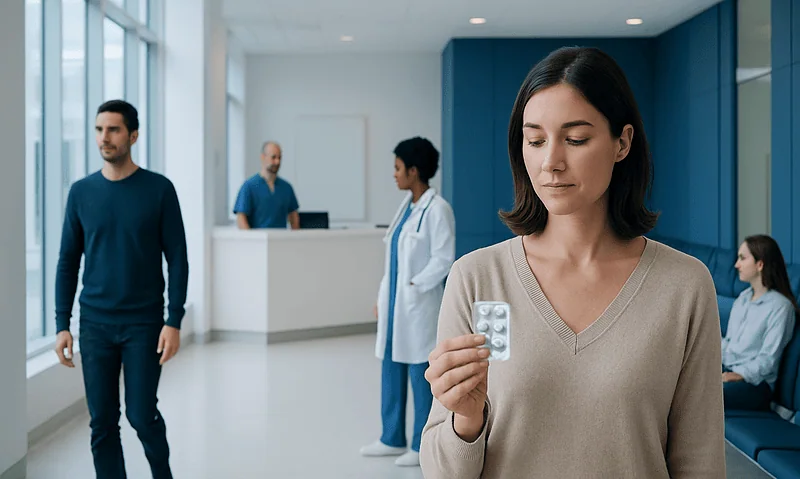Woman holding medication in hospital corridor at Acibadem Hospitals Group.