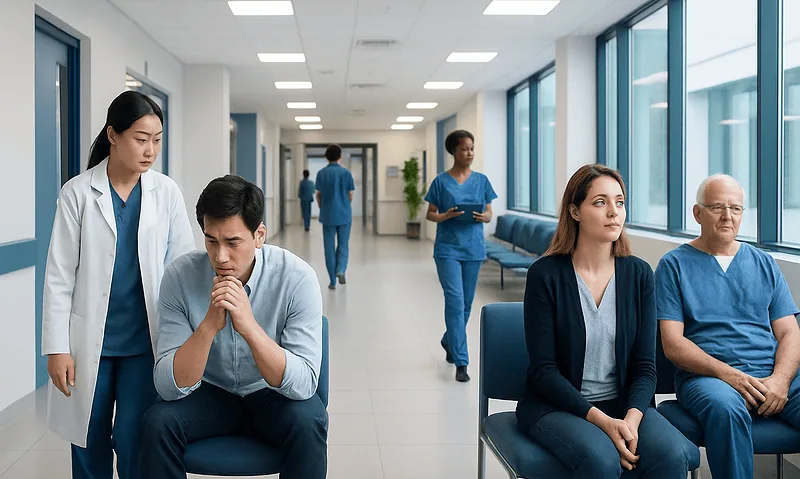 Patients waiting in a hospital corridor with medical staff nearby.