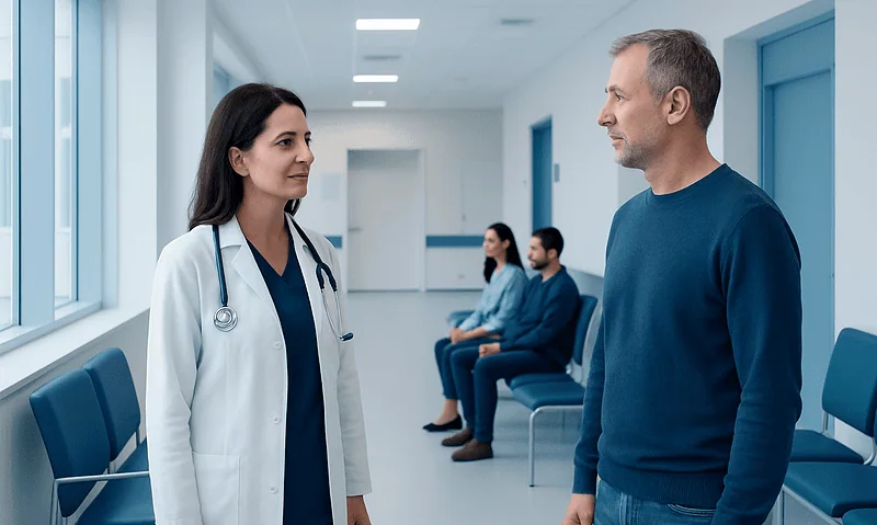 Doctor and patient having a consultation in a hospital corridor.