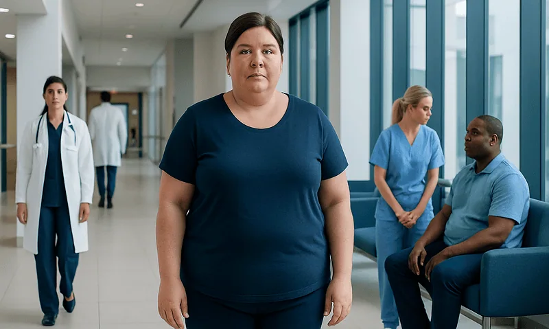Woman with endomorph body type in hospital corridor with medical staff and patients.