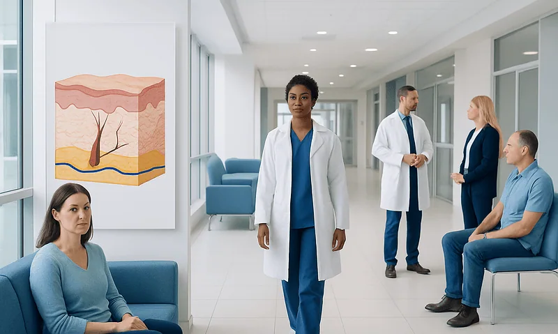 Medical professionals and patients in a dermatology clinic with skin layer diagram.