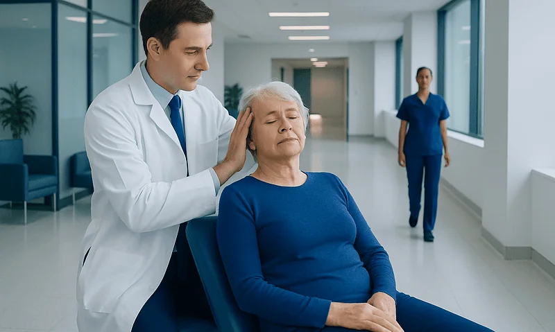 Doctor performing Epley maneuver on elderly woman in hospital corridor.