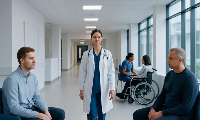 Medical consultation in hospital corridor with diverse patients and doctor.