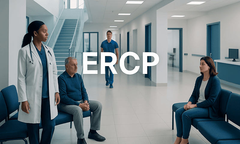 Medical consultation for ERCP procedure in hospital corridor.