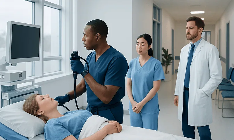 Endoscopy procedure being performed on a patient in a hospital setting.
