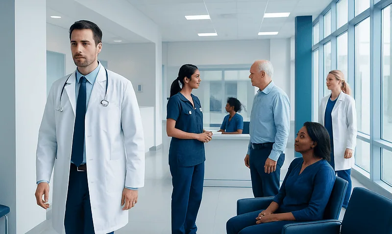 Medical professionals and patients in a modern hospital corridor.