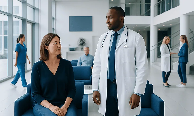 Doctor consulting a patient in a modern hospital lobby.