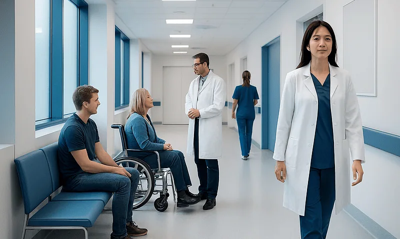 Medical professionals and patients in a hospital corridor.