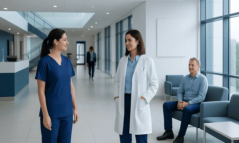 Healthcare professionals in a modern hospital lobby engaging in conversation.
