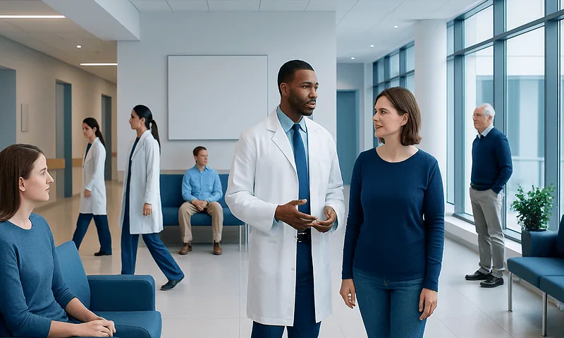 Healthcare professionals and patients in a modern hospital lobby.