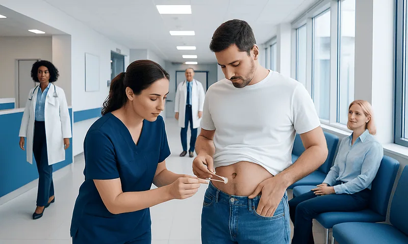 Medical professional examines patient's abdomen in hospital corridor.