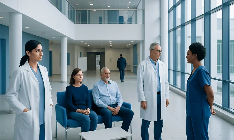 Medical professionals and patients in a modern hospital lobby.