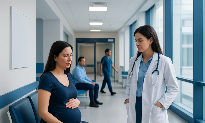 Pregnant woman consulting with a doctor in a hospital corridor.