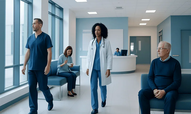 Medical staff and patients in a modern hospital waiting area.