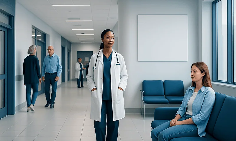 Healthcare professionals in a modern hospital corridor with patients and staff.