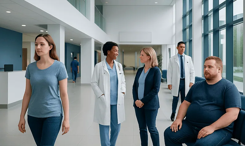 Patients and medical staff in a modern hospital lobby.