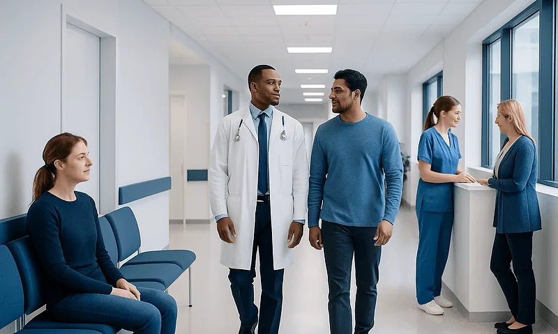 Medical professionals and patients in a hospital corridor.