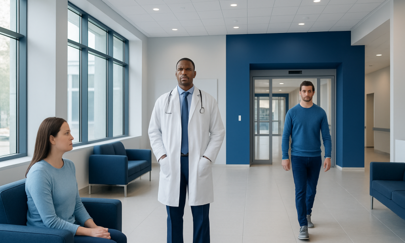 Doctor and patients in a modern hospital waiting area.