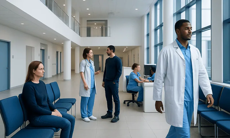 Modern hospital waiting area with medical staff and patients.