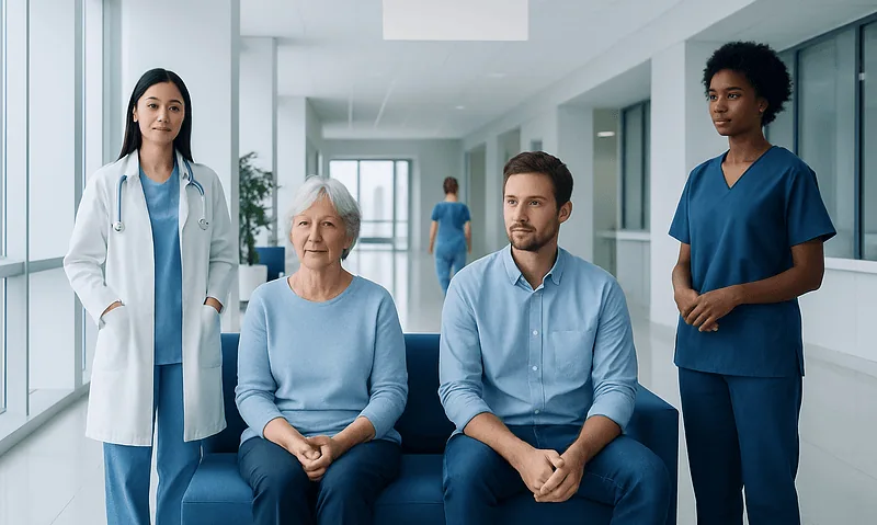 Diverse medical team with elderly patient in hospital corridor.