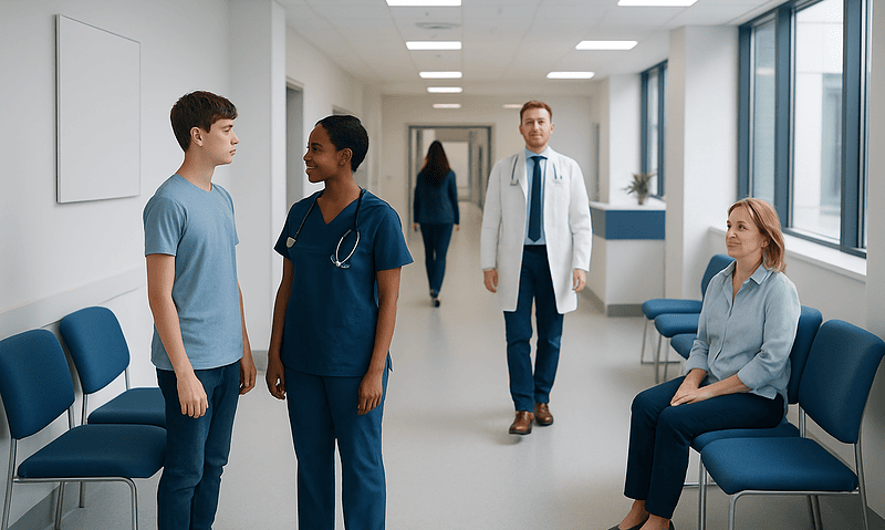 Medical staff and patients in a hospital corridor at Acibadem Hospitals Group.