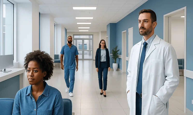 Medical professionals and patient in a hospital corridor at Acibadem Hospitals Group.