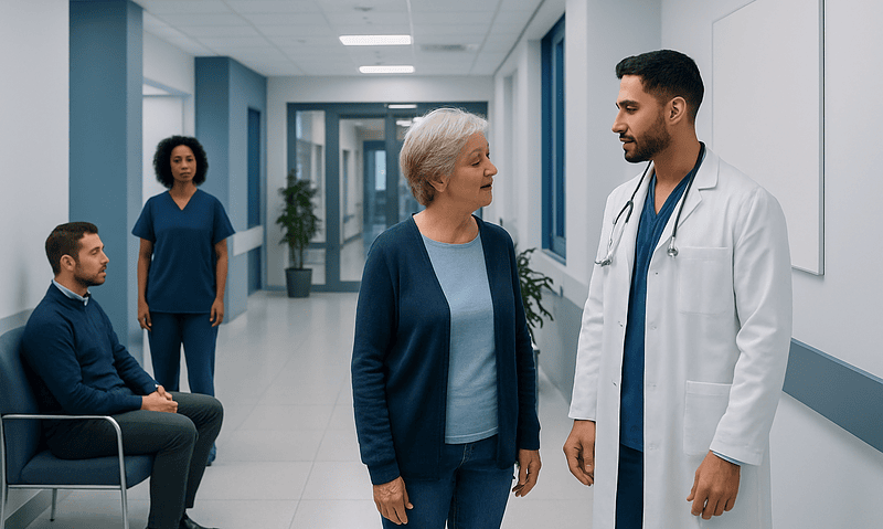 Doctor talking to an elderly woman in a hospital corridor.