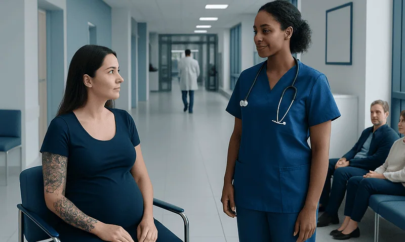 Pregnant woman consulting with nurse in hospital corridor.