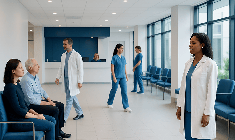 Healthcare professionals and patients in a modern hospital waiting area.