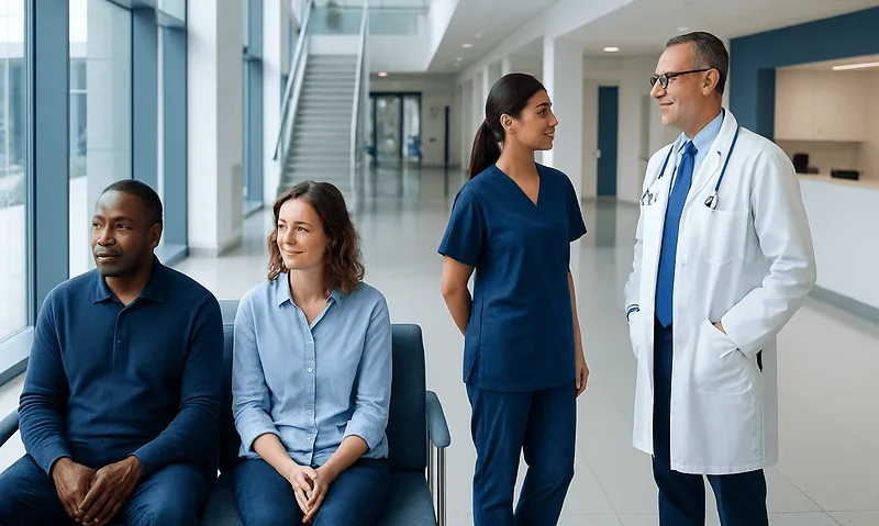 Healthcare professionals and patients in a modern hospital lobby.