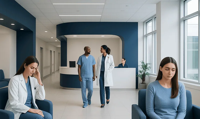 Hospital waiting area with patients and medical staff at Acibadem Hospitals Group.