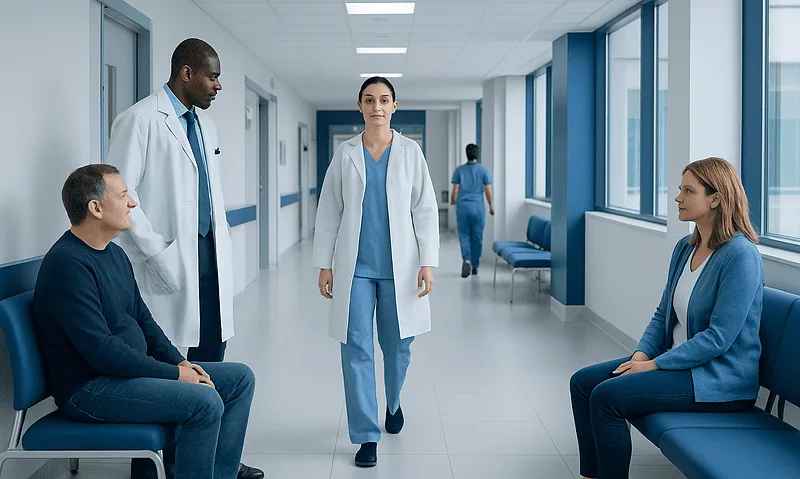 Medical professionals and patients in a hospital corridor.