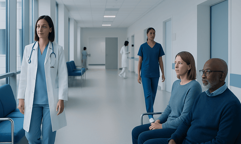 Medical professionals and patients in a modern hospital corridor.