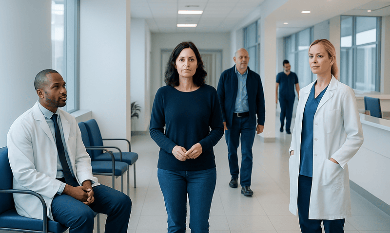 Medical team in hospital corridor with patient and staff members.