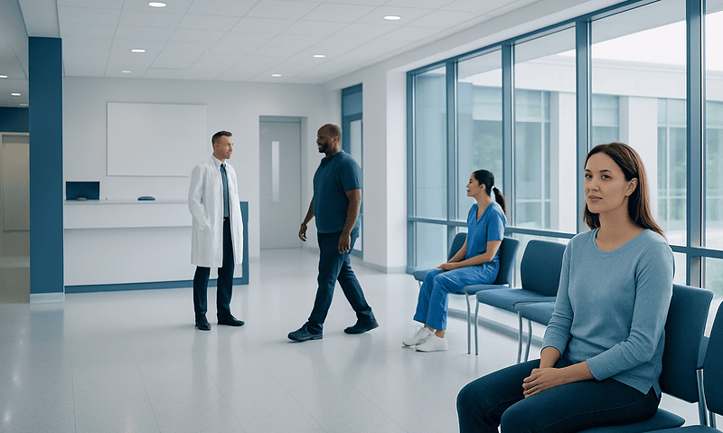 Patients waiting in a modern hospital corridor with medical staff present.