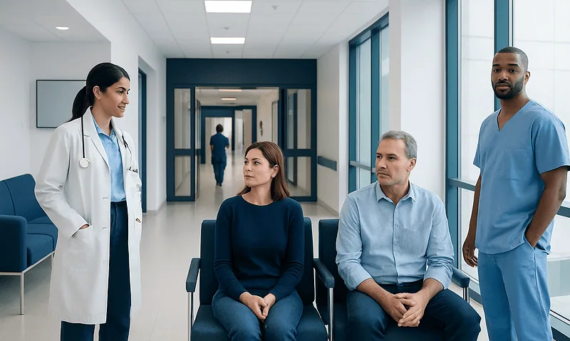 Medical consultation with doctor and patients in hospital corridor.