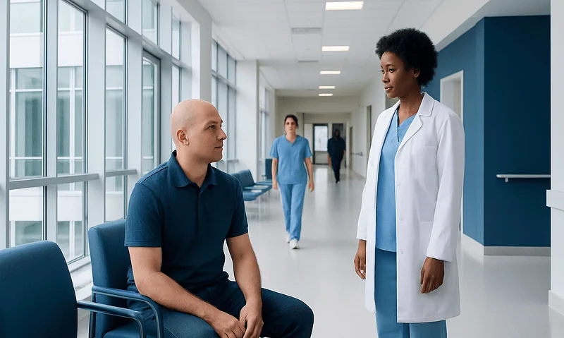Patient consulting with a healthcare professional in a hospital corridor.