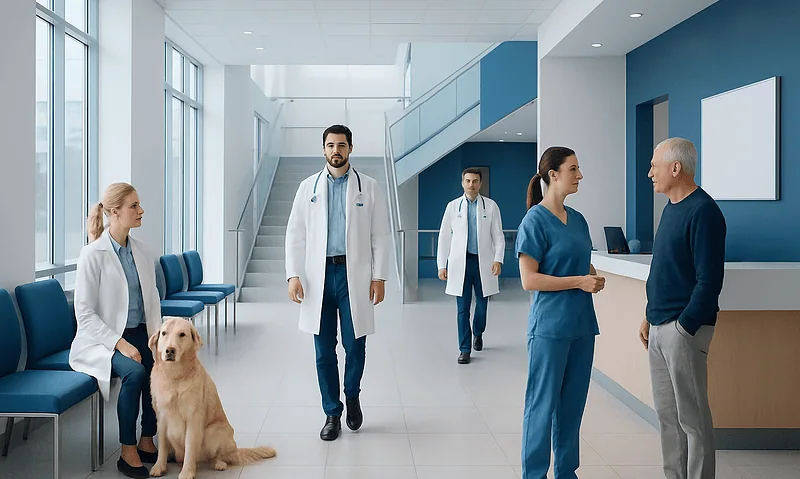 Veterinary team with a dog in a modern hospital reception area.