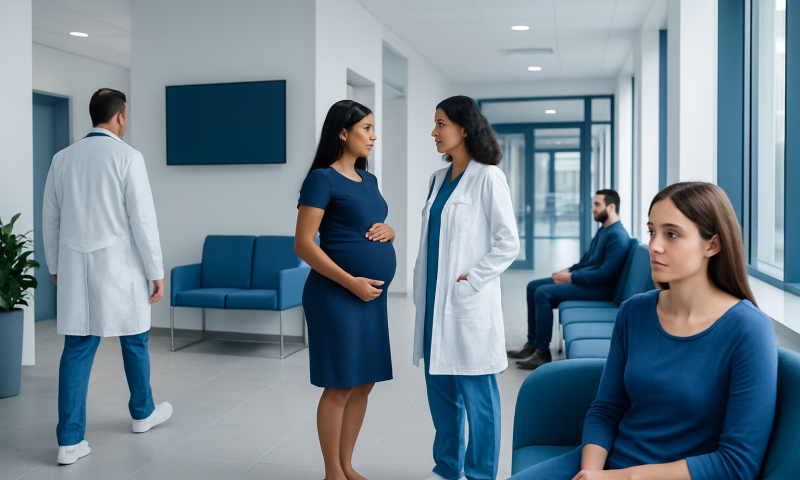 Pregnant woman consulting with healthcare professionals in a hospital.
