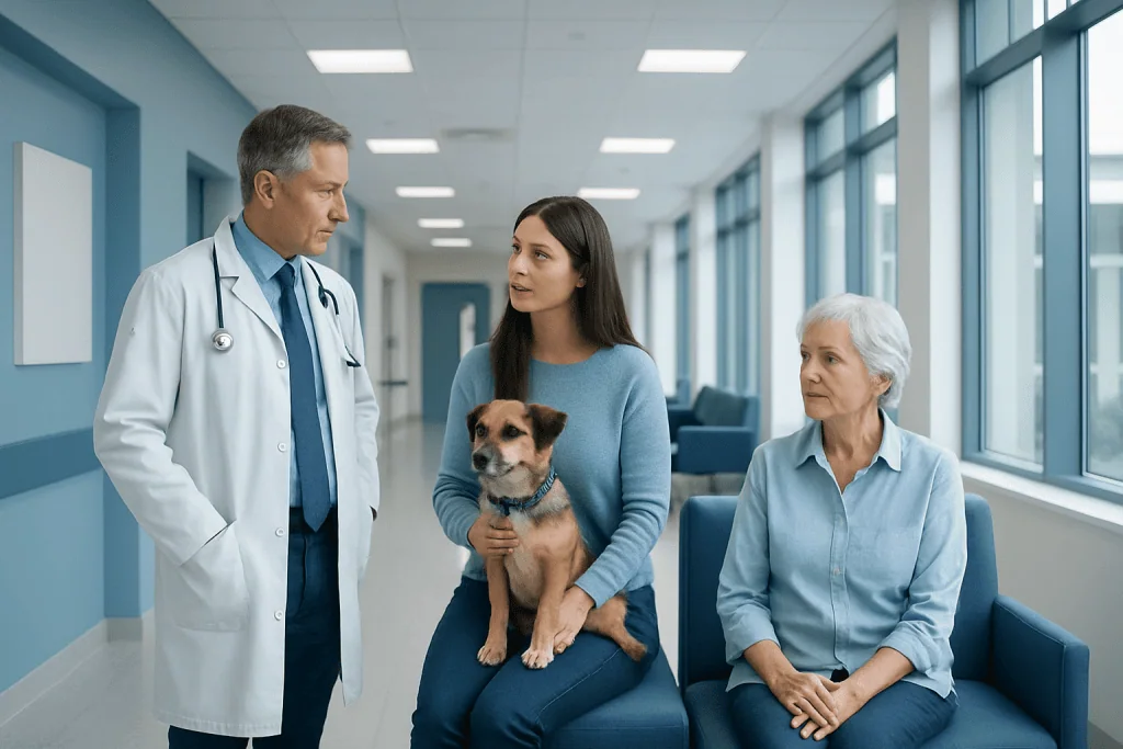 Can Humans Catch Illness From Dogs? Here Is What the Evidence Says 1 Veterinarian consulting with a woman and her dog in a hospital corridor.