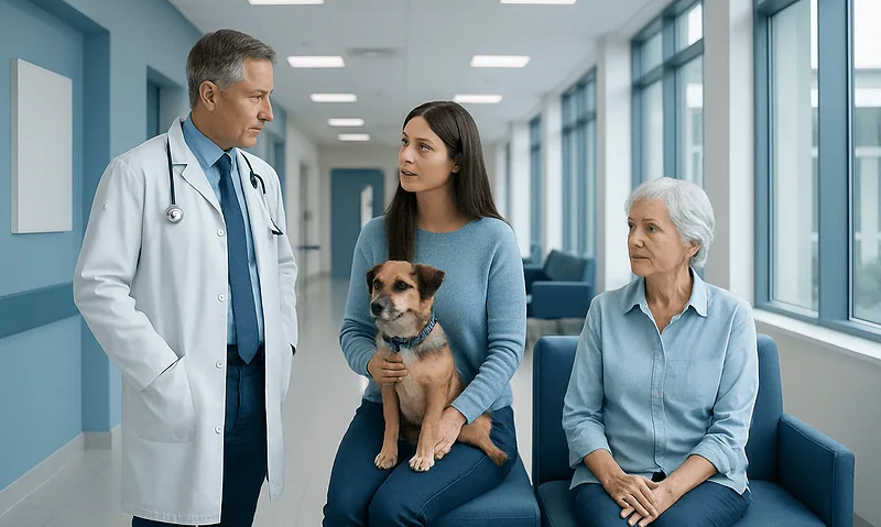 Veterinarian consulting with a woman and her dog in a hospital corridor.