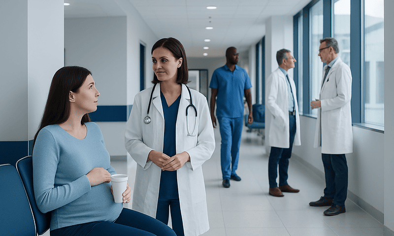 Pregnant woman consulting with doctor in hospital corridor.