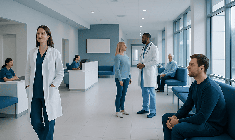 Modern hospital waiting area with doctors and patients.