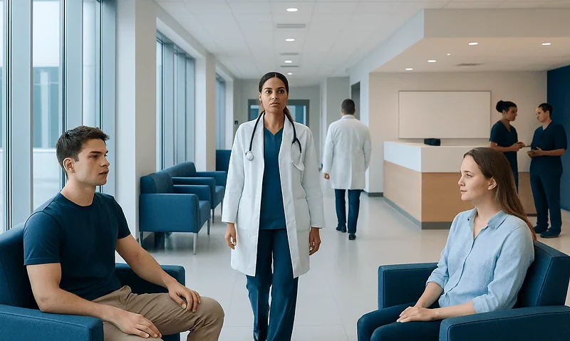 Medical consultation in a modern hospital waiting area with doctor and patients.