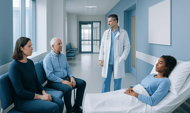 Doctor consulting with patients in a hospital corridor.