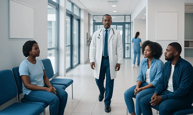 Medical consultation with diverse patients in a modern hospital setting.
