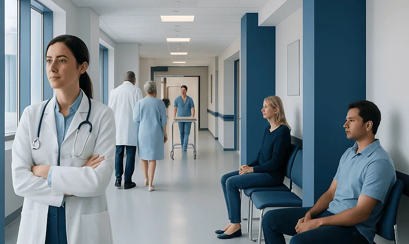Healthcare professionals and patients in a modern hospital corridor.