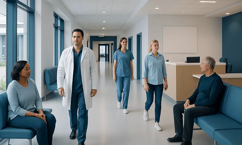 Medical staff and patient in hospital corridor at Acibadem Hospitals Group.
